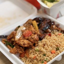 Maki of Japan - Spicy chicken, bourbon chicken, fried rice with a side of veggies and a Diet Coke.