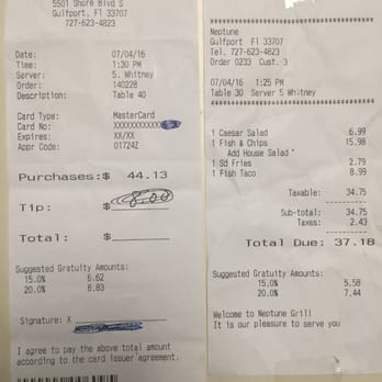 Neptune Grill - That's the receipt and that's what I was charged and it wasn't for tip. Diners beware! - American Near Me - Gulfport, Florida Neptune Grill - That's the receipt and that's what I was charged and it wasn't for tip. Diners beware! - American Near Me - Gulfport, Florida