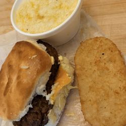 Steak and Egg Biscuit, Hash brown and Grits