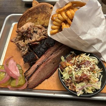 Meat Mitch Barbecue - Bacon-Broccoli Slaw. Pick 3 Meats Tray Sticky Curly Fries - Barbeque Near Me - Leawood, Kansas