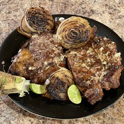 Kroger - USDA prime ribeye steak, cut in half and charcoal grilled.  Topped with mixed freshly grated horseradish/EVOO/salt/key lime juice.