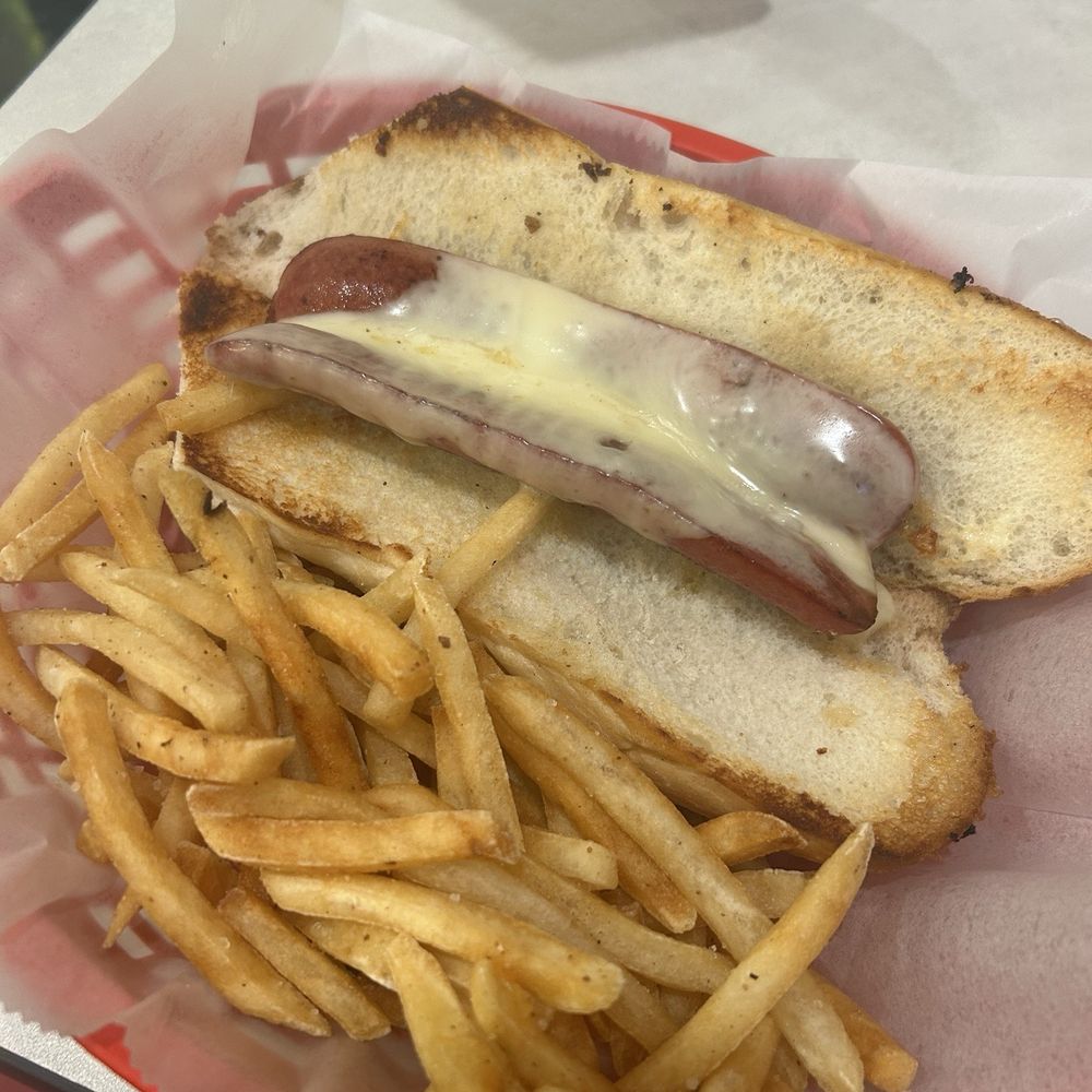Beef hot dog with fries. Beef hot dog with fries.