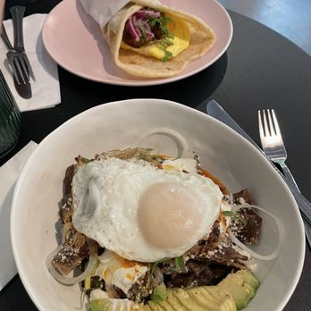 Cadejo Coffee - Chilaquiles frijoles with avocado added and the breakfast "taco" on a type of pan. Both very filling! - Coffee & Tea Near Me - Portland, Oregon