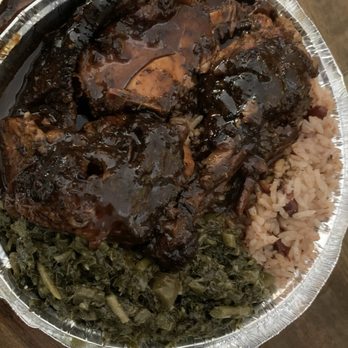 Scotch Bonnet Kitchen - Small Jerk Chicken with Rice and Peas and Calaloo - Caribbean Near Me - Lawrenceville, New Jersey