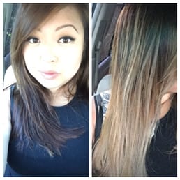 The before and after from dark chocolate brown to light ashy blonde ombré balayage done by Carissa! Gorgeousss!