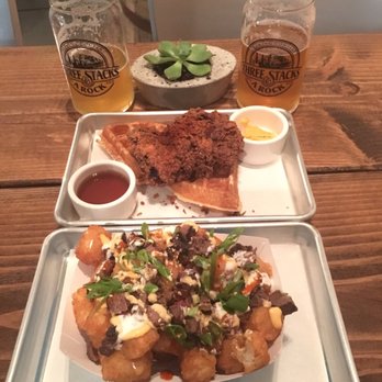 Three Stacks and a Rock Brewing - Chicken and waffles (top) and Rock tots (bottom) surely hit the spot! - Breweries Near Me - Morro Bay, California Three Stacks and a Rock Brewing - Chicken and waffles (top) and Rock tots (bottom) surely hit the spot! - Breweries Near Me - Morro Bay, California