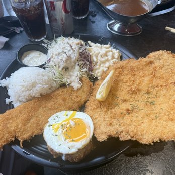 King Katsu Land - King's combo with pork katsu (right on plate) Fish katsu (left on plate) was flaky, thick and fresh. - Soul Food Near Me - Daly City, California King Katsu Land - King's combo with pork katsu (right on plate) Fish katsu (left on plate) was flaky, thick and fresh. - Soul Food Near Me - Daly City, California