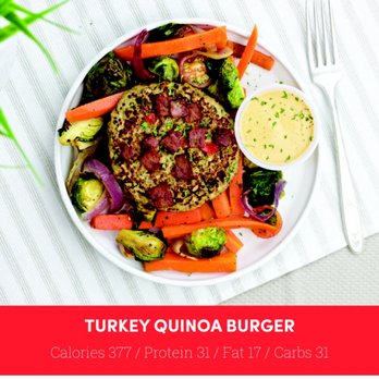 Vital Kitchen - turkey quinoa burger with carrots and broccoli - Food Delivery Services Near Me - Cypress, Texas