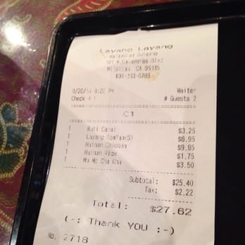 Layang Layang - Receipt - Malaysian Near Me - Milpitas, California