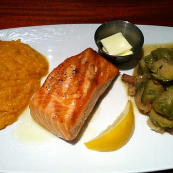 Lucky 32 Southern Kitchen - Salmon with sweet potatoes and Brussels sprouts - New American Near Me - Cary, North Carolina Lucky 32 Southern Kitchen - Salmon with sweet potatoes and Brussels sprouts - New American Near Me - Cary, North Carolina