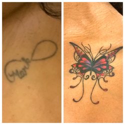 Metro Ink - Before and after-painful past to beautiful butterfly transformation and freedom.