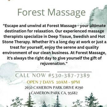 Forest Massage - Welcome message - Beauty & Spas Near Me - Cameron Park, California Forest Massage - Welcome message - Beauty & Spas Near Me - Cameron Park, California