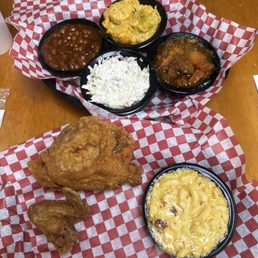 Fried Chicken, Macaroni & Cheese, Baked Beans, Cole Slaw, Squash Casserole, and Candied Yams Fried Chicken, Macaroni & Cheese, Baked Beans, Cole Slaw, Squash Casserole, and Candied Yams