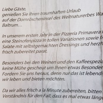 Primavera Pizzeria - Begrüßungstext in der Karte - Pizza Near Me - Baltrum, NI