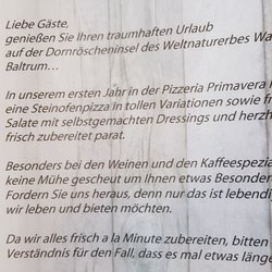 Primavera Pizzeria - Begrüßungstext in der Karte