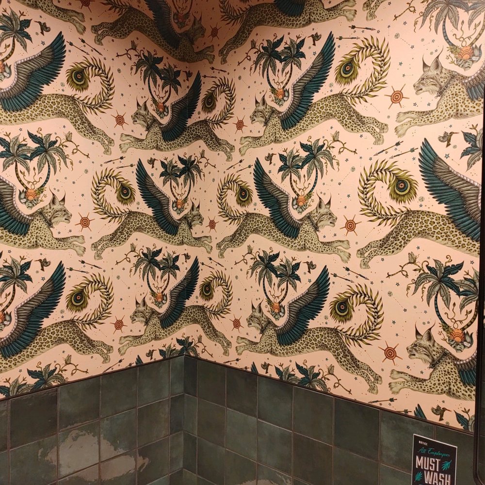 Rhino Wine Bar - a bathroom with a toilet and wallpaper - Wine Bars Near Me - Prior Lake, Minnesota
