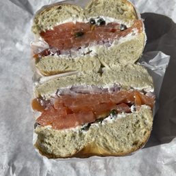 Lox bagel sandwich on jalapeño bagel without cucumbers