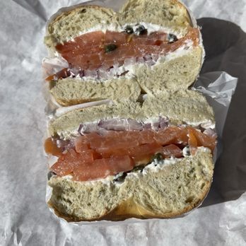 Bagel Factory - Lox bagel sandwich on jalapeño bagel without cucumbers - Bagels Near Me - Torrance, California