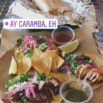 Ay Caramba, Eh - Two fish tacos and carnita and the fish burrito - Mexican Near Me - Vaughan, Ontario Ay Caramba, Eh - Two fish tacos and carnita and the fish burrito - Mexican Near Me - Vaughan, Ontario