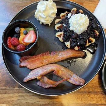 Cafe Ficelle - Blueberry Liege waffle with bacon. - Coffee & Tea Near Me - Thousand Oaks, California Cafe Ficelle - Blueberry Liege waffle with bacon. - Coffee & Tea Near Me - Thousand Oaks, California