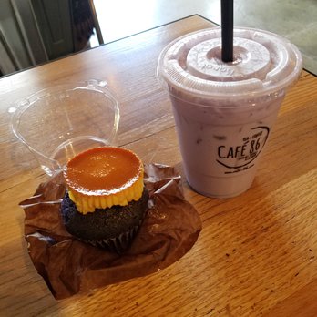 Cafe 86 - Ube flan cupcake and ube drink. - Desserts Near Me - Artesia, California