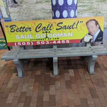 Breaking Bad RV Tours - Saul Goodman bus bench prop. Located at the Breaking Bad official store. This museum and store is where the tour ends. - Tours Near Me - Albuquerque, New Mexico