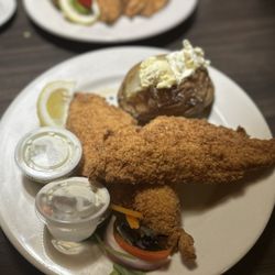 Harbor House - 2 jumbo pieces of catfish with baked potato and side of seafood French Quarter Gumbo