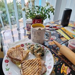Today I got their turkey Panini on jalapeño bread and a blueberry scone for lunch. Their food is always such a treat! Today I got their turkey Panini on jalapeño bread and a blueberry scone for lunch. Their food is always such a treat!