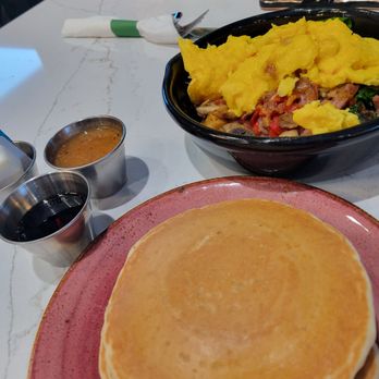 The Brunch District - Barn Yard Skillet and Mini Pancakes - Breakfast & Brunch Near Me - McKinney, Texas