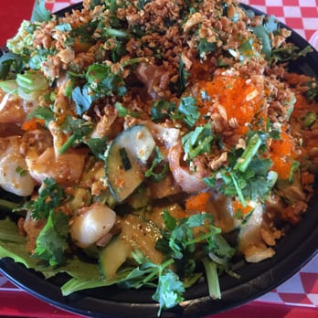 Uroko Poke - Large size with 2 scoops of salmon, 2 scoops of scallop and 1 scoop of octopus. EXTRA GARLIC CHIPS!! - Japanese Near Me - Costa Mesa, California Uroko Poke - Large size with 2 scoops of salmon, 2 scoops of scallop and 1 scoop of octopus. EXTRA GARLIC CHIPS!! - Japanese Near Me - Costa Mesa, California
