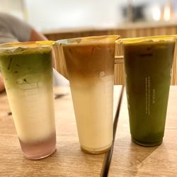 Junbi - Left: NEW Lavender Honey Matcha Blended Middle:  Cold Madagascar Vanilla Latte Right: Dirty Matcha Blended