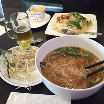 Chabaar - Ginger noodle soup~Singha beer~ Sweet Thai basil stir fry with a bowl of rice. - Thai Near Me - Midvale, Utah