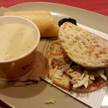 Panera Bread - Mediterranean chicken on flat bread, new england clam chowder and a small piece of bread - Sandwiches Near Me - Rego Park, New York