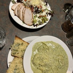 Creekside Pizza - Spinach tortellini with pesto walnut cream and creek side salad