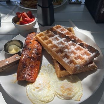 Mornings on First - Waffles with eggs and linguiça and a side of fruit - Breakfast & Brunch Near Me - Livermore, California Mornings on First - Waffles with eggs and linguiça and a side of fruit - Breakfast & Brunch Near Me - Livermore, California