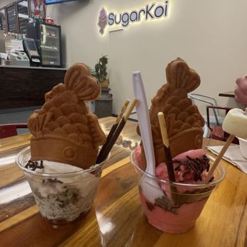 Sugar Koi - -cookies and cream ice cream with pocky and koi fish -raspberry sorbet with pocky, marshmallows, and koi fish - Ice Cream & Frozen Yogurt Near Me - Cary, North Carolina