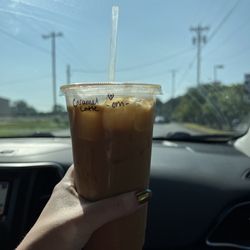 Lily Bean Micro-Roasted Coffee - Caramel Iced Latte with oat milk and caramel drizzle (they wrote a heart on my order!!)