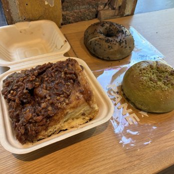 Miopane - Upside down Sticky Buns ($8.75) + Black Sesame Cream Cheese Bagel ($6.50) + Matcha Crumble ($7.50) - Bakeries Near Me - Pasadena, California Miopane - Upside down Sticky Buns ($8.75) + Black Sesame Cream Cheese Bagel ($6.50) + Matcha Crumble ($7.50) - Bakeries Near Me - Pasadena, California