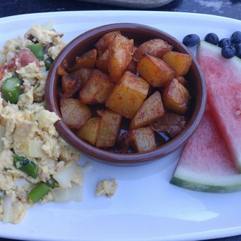 Saint & Second - Market Scramble with potaotoes and fruit. - New American Near Me - Long Beach, California Saint & Second - Market Scramble with potaotoes and fruit. - New American Near Me - Long Beach, California
