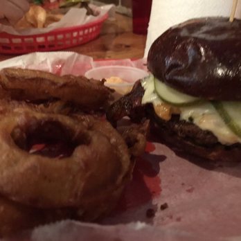 DT Kirby's - Mac and cheese burger on pretzel bun with onion rings - Burgers Near Me - Lafayette, Indiana