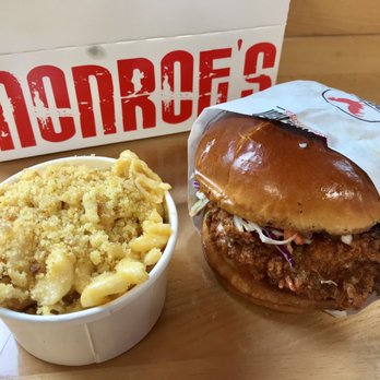 Monroe's Hot Chicken - Fried Chicken Sandwich with Cornbread Mac and Cheese - Chicken Shop Near Me - Phoenix, Arizona Monroe's Hot Chicken - Fried Chicken Sandwich with Cornbread Mac and Cheese - Chicken Shop Near Me - Phoenix, Arizona