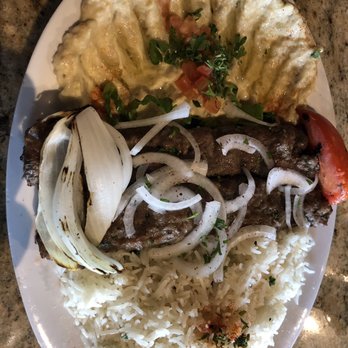Phoenician Resto Cafe - Kafta Kabob with rice and Baba Ghanouj - Lebanese Near Me - Austin, Texas