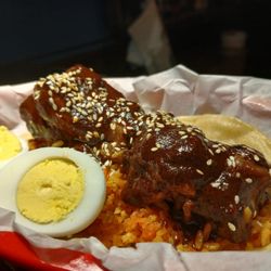 El Gran Toro Mexican Brasserie - Taco de Mercado / chicken mole with Mexican rice and hard boiled egg