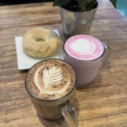 Strawberry Mocha, Lavender- butterfly pea flower latte and sesame bagel with butter Strawberry Mocha, Lavender- butterfly pea flower latte and sesame bagel with butter