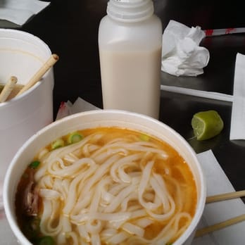 Than Huu Sandwich - Soybean milk with Beef pho. It's crammed down in the bottom of container.  I mixed it first before I took the photo, lol! - Vietnamese Near Me - Los Angeles, California