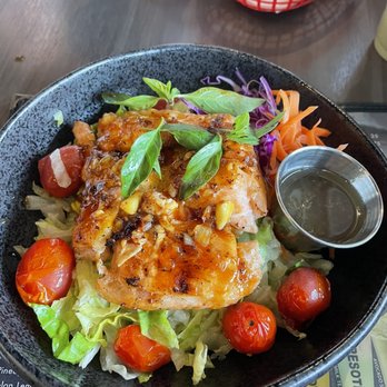 Saigon District Restaurant Presotea - Amazing Ginger Miso salmon salad! - Vietnamese Near Me - Huntington Beach, California Saigon District Restaurant Presotea - Amazing Ginger Miso salmon salad! - Vietnamese Near Me - Huntington Beach, California
