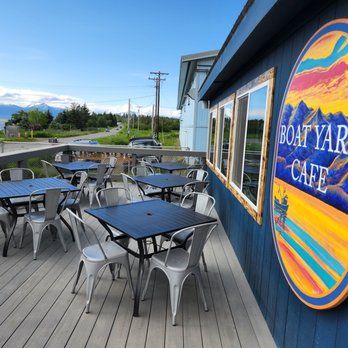 Boat Yard Cafe - Summer deck, with views of the kachemak bay. In an active boatyard - Gluten-Free Near Me - Homer, Alaska