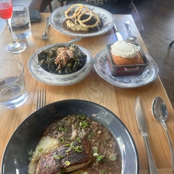 Virtue Restaurant - short rib (top) collards & smoked turkey cornbread & honey butter fish & grits (bottom) - Southern Near Me - Chicago, Illinois Virtue Restaurant - short rib (top) collards & smoked turkey cornbread & honey butter fish & grits (bottom) - Southern Near Me - Chicago, Illinois