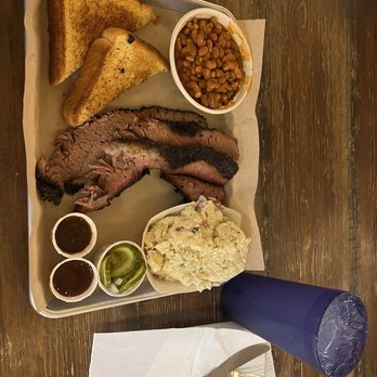 Trax BBQ - Brisket plate with beans, potato salad, Texas toast, and pickels. - Barbeque Near Me - McCordsville, Indiana
