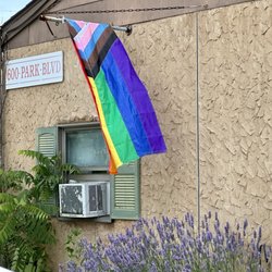 Ostara's Coffee House - A pride flag waving in the wind in front of the coffee shop
